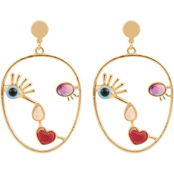 Vintage Abstract Face Earrings | Gold Alloy Art Earrings | Modern Minimalist Sta - Picture 2 of 6